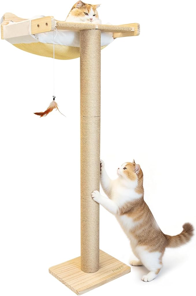 Cat Window Perch Hammock with 3-Piece Detachable Sisal Scratching Posts, White Fluffy Cusion, Drill-Free Suction Cup Mount, Multi-Level Climbing Perch for Bird Watching, 45 LBS Capacity