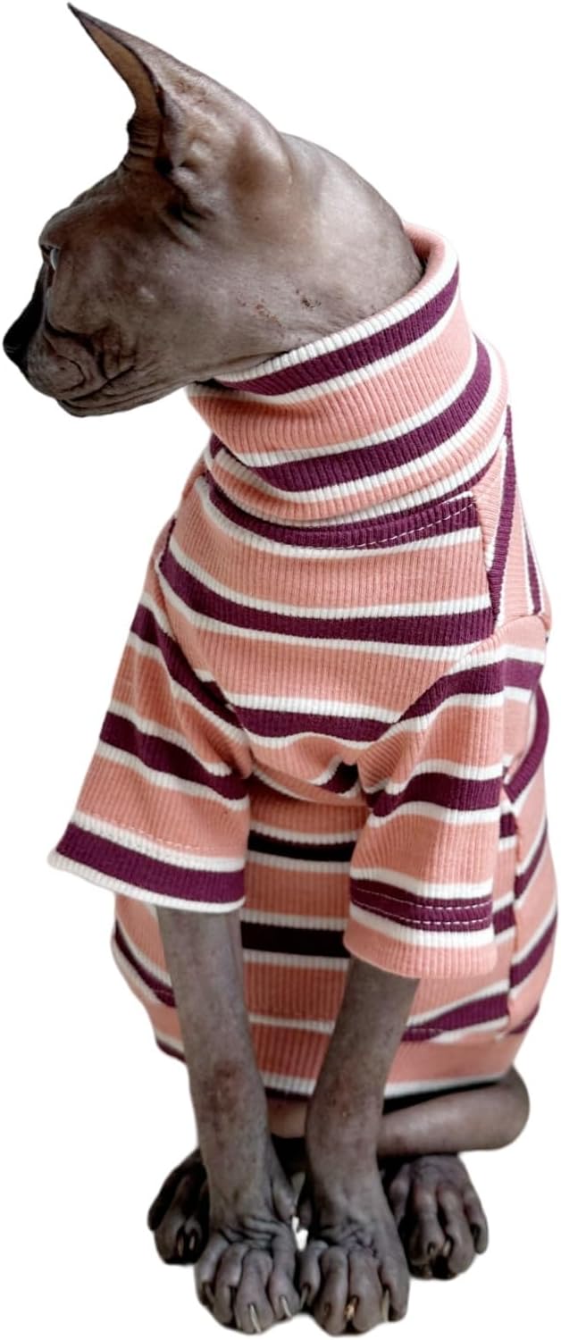 Turtle Neck Vintage Stripes Sphynx Hairless Cat Cotton T-Shirts Pet Clothes Vest Kitten Shirts Sleeveless, Cats & Small Dogs Apparel (Pink, (7-8.8 lbs))