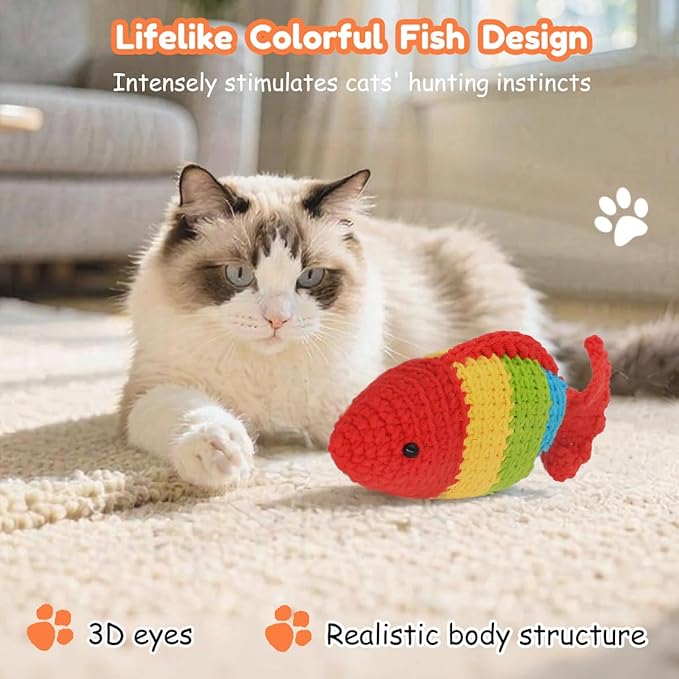 Catnip Fish Toy - Hand-Crocheted with Real Catnip & Bell, Interactive Kicker Toy for Cats Kitten, Soft & Safe for Biting