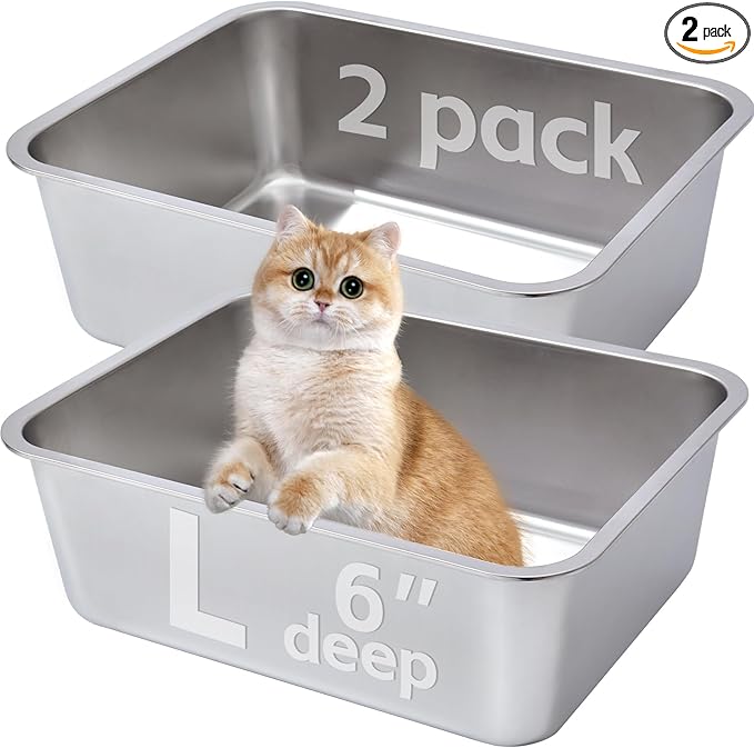 Stainless Steel Litter Box 2 Pack，Metal Litter Box Easy to Clean,Cat Litterbox Supplies for Kitten, Kitty, Rabbit, 6" High Side Cat Litter boxs,Stainless Steel LitterBox, No Smell,Non Stick