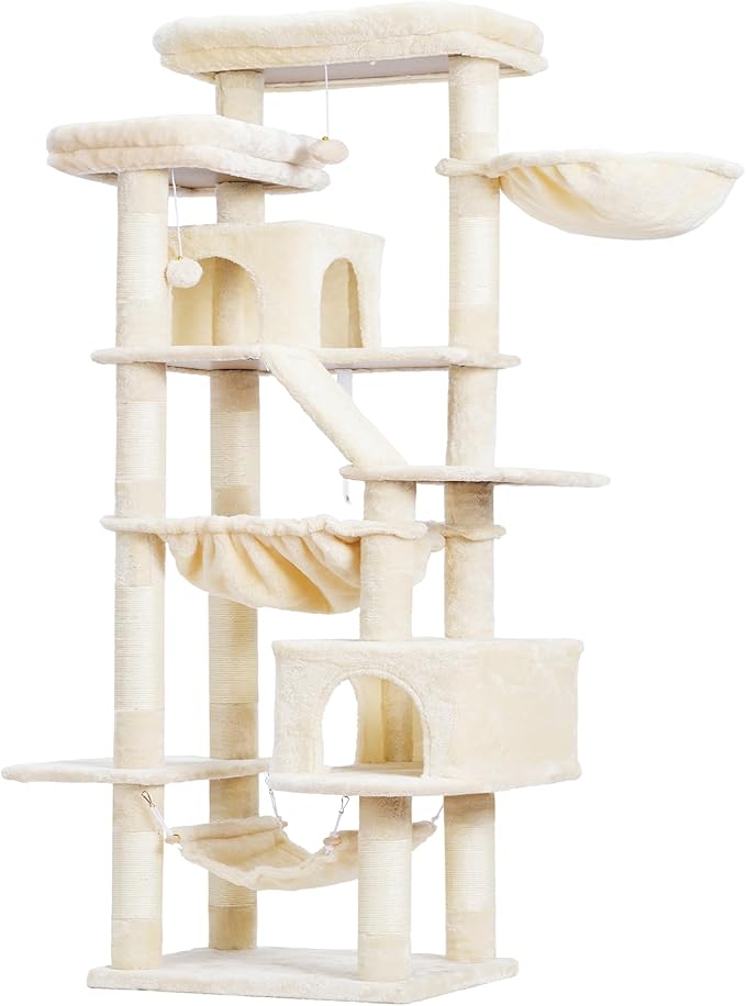Heybly Cat Tree, 71-Inch-Tall Tower for Indoor Cats with 2 Perches, 2 Big Condos, 2 Hammocks, Basket, Scratching Pad, Large Cat Furniture and Condo, Beige HCT034M