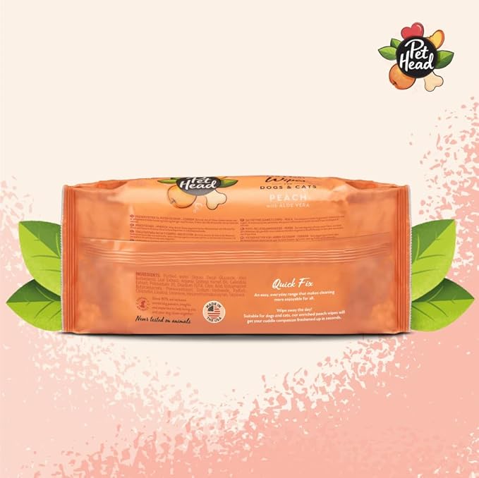 Pet Head Quick Fix Paw and Body Wipes for Cats and Dogs | Peach Scent with Aloe Vera | Biodegradable Pet Hygiene Cleaning Wipes | pH-Neutral | Vegan | For an Easy & Speedy Freshen-Up | 100 pack