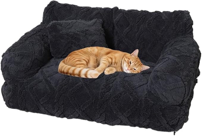 Plush Calming Pet Sofa Bed, Soft Cat Dog Couch with Removable Cover, Large Kennel Cat Sleeping Sofa Chair Furniture, Non-Slip Bottom for Supplies Cats Dogs(Black,XXX-Large)