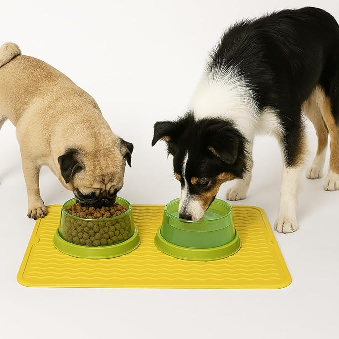 Silicone Pet Feeding Mat for Dogs, Cats, Small Animals, Non-Slip Waterproof Food and Water Mat with Raised Edge, BPA-Free Convenient Hook Storage by Dependable Industries (Yellow, 12 x 16 inch)