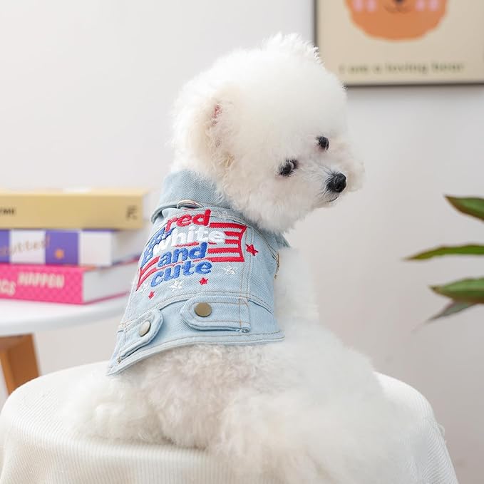 American Flag Denim Dog Vest with D-Ring for Small Dogs – Patriotic Embroidered Puppy Jacket, 4th of July Outfit(XL)