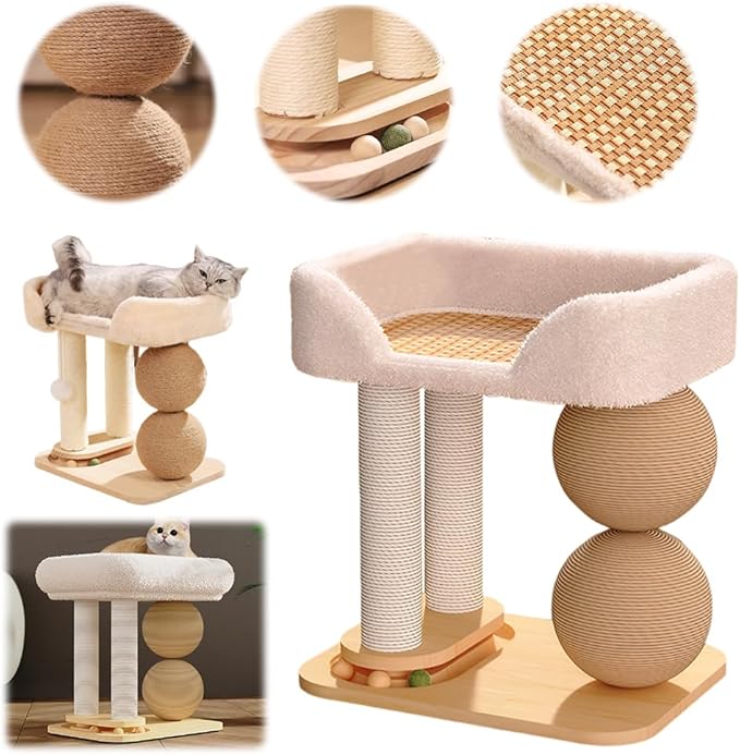 Modern Solid Wood Pet Cat Climbing Tree Tower with Sisal Ball Cooling Mat Cat Scratching Posts Wear Resist Integrated Sisal Bed Pet Climbing Frame Indoor for Summer (16.38X15.21X11.31 inch)