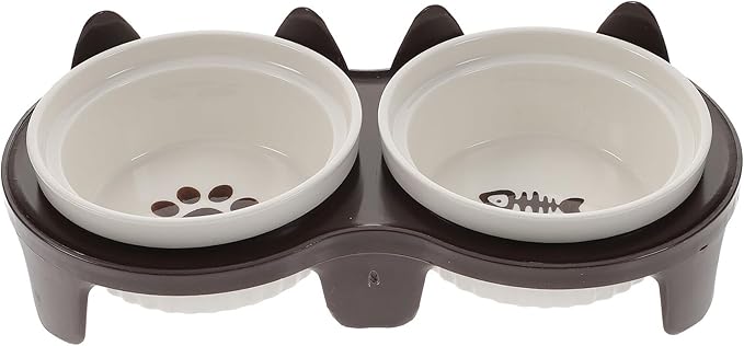 Ceramic Raised Cat Bowl Set with Anti-Slip Brown Thickened Dual Bowls and Sturdy Stand for Kitten Feeding and Watering at Home