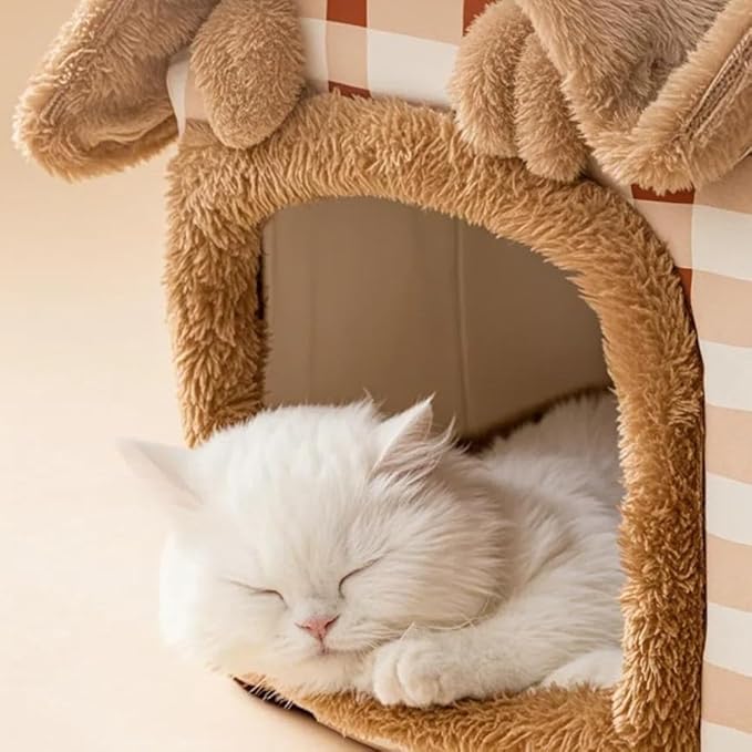 Double Roof Cat Nest Cute Bear Shaped Dog House Foldable Warm Soft Kennel with Removable Cushion and Non-Slip Bottom