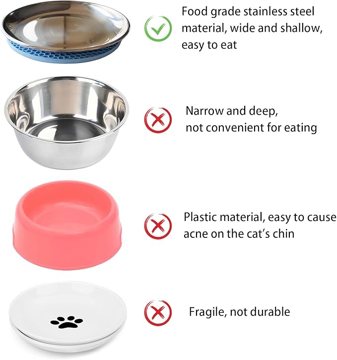 Cat Food Plate - Stainless Steel Bowls Dishes Relief Whisker Fatigue Cat Plates Shallow Bowl with Non-Slip Mats for Wet Food (6 Inch)