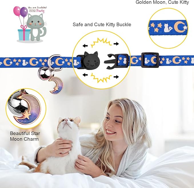 Baeuppit 2PCS Breakaway Cat Collars with Bell Cute Kitty Glow in The Dark Adjustable Kitten Collars 7.9-13.0 Inch(Bule&Black)