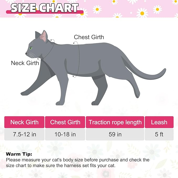 KOOLTAIL Cat Harness and Leash Set, Escape Proof Adjustable Kitten Harness for Walking Travel, Safe & Easy Control Outdoor, Lightweight Soft Pet Harness for Small Medium Large Cats, Daisy Rose