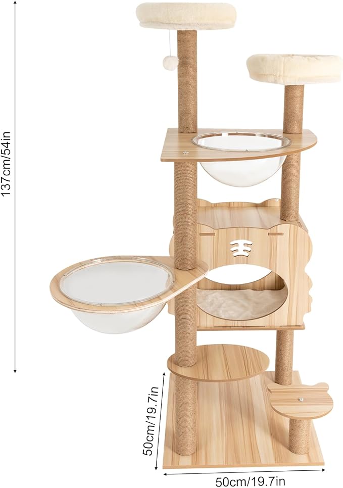 Modern Cat Tree Tower, Indoor Multi-Level Large Cat Condo with Scratching Posts & Acrylic Dome, Floor Standing MDF 54 Inch Round Top Perch Cats Furniture Bed House for Kitten