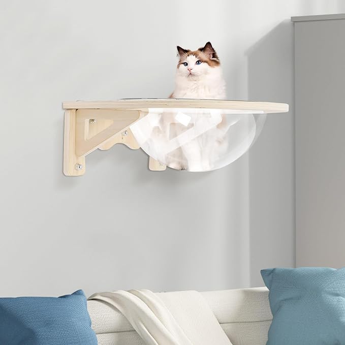 Wall-Mounted Wooden Cat Space Clear Capsule, 16.5LBS Load Capacity Transparent Capsule Kitten Walls Shelves Cat Bed Small Pets Bed Cat Hammock for Sleeping Playing Climbing and Lounging