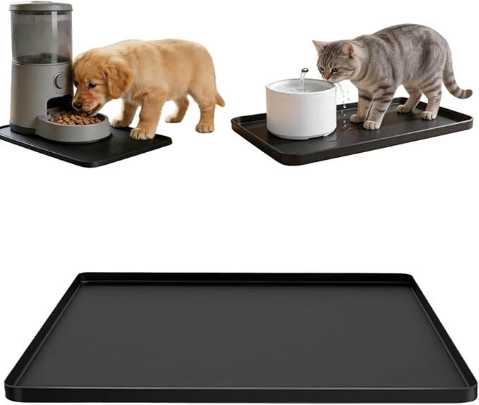Silicone Dog Food Mat, 18.5x11 Non-Slip Waterproof Pet Food Mat with Raised Edge, Spill Proof Floor Protector for Automatic Feeders Indoor