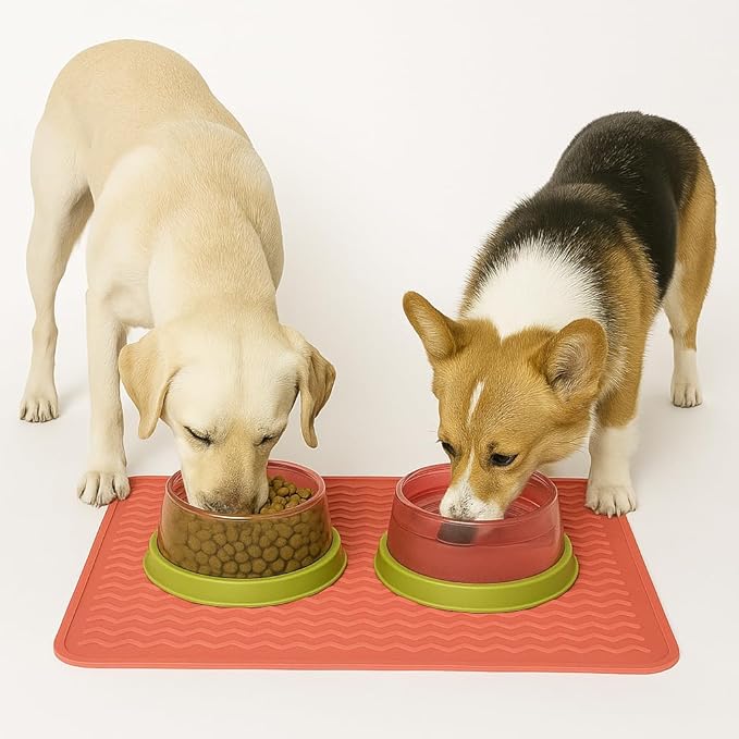 Silicone Pet Feeding Mat for Dogs, Cats, Small Animals, Non-Slip Waterproof Food and Water Mat with Raised Edge, BPA-Free Convenient Hook Storage by Dependable Industries (Red, 12 x 16 inch)