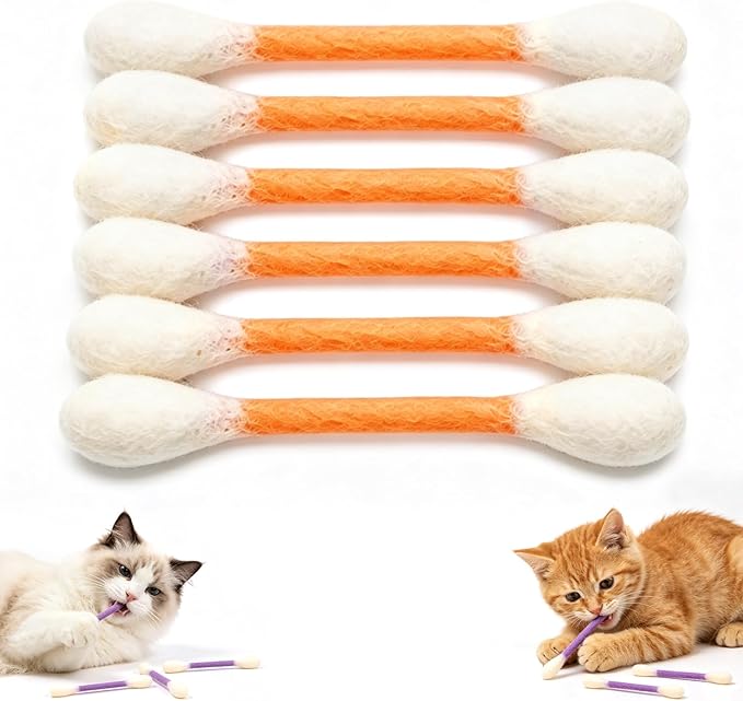 6Pack Cotton Swabs Cat Toys with Catnip,Cat Cotton Swab Toy,Giant Kitten Chew Sticks,Qtip Cat Toy,Durable Dental Teething Ropes, Big Interactive Felt Kitty Kicker Play Lover Gift Accessories (Orange)