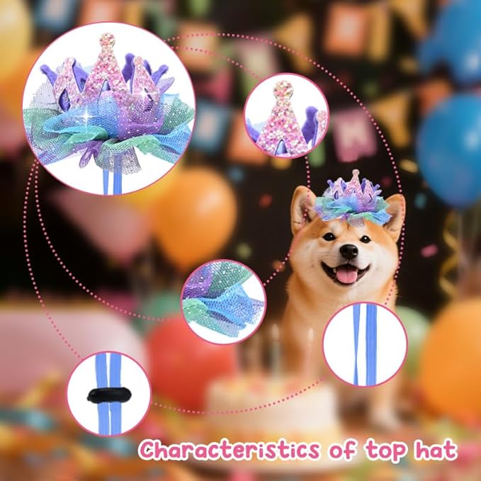 Glitter Pet Birthday Hat for Dog Cat with Sparkly Lace, Adjustable Pet Hat for Dog Cat for Birthday Party Decorations for Pet Dogs Cats Bday Hat with Lace Hair Accessories for Pet Dog Cat Puppy Hat