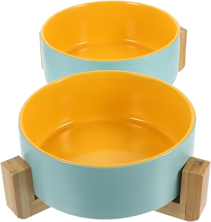 Mikikit Ceramic Elevated Cat Feeding Bowl Set with Dual Bowls, Matte Two-Tone Blue and Yellow, Small Size with Wooden Stand for Indoor Pet Feeding and Watering