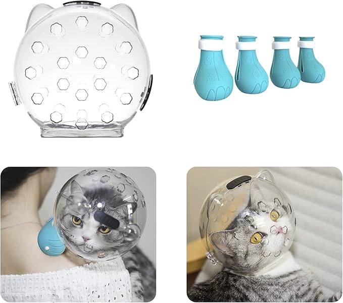 Cat Muzzle for Grooming with Silicone Claw Cover, Adjustable Cat Hood Mask for Bathing Shaving Pet Tools, Anti Bite Air Bubble Helmet