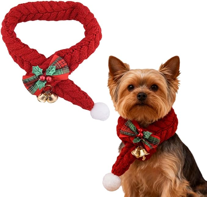 Holiday Scarves for Small Dogs Cats Christmas Pet Bandanas for Dogs Cats Neck Accessories Cat Neckerchief Costume for Pets Puppy Bandana Scarf Red Bow Scarf for Dog Bandana with Bell Cat Xmas Apparel