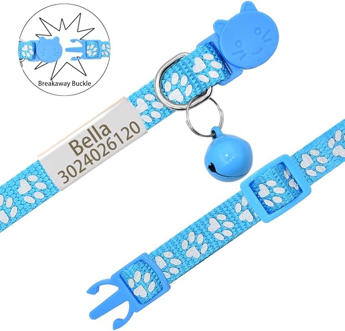 Personalized 2 Pack Reflective Cat Collar,Custom Breakaway Cat Collars with Name Tag and Bell,Anti-Lost Nameplate Cat Collar for Girls & Boys (Light Blue,fit 8''-11.0'')