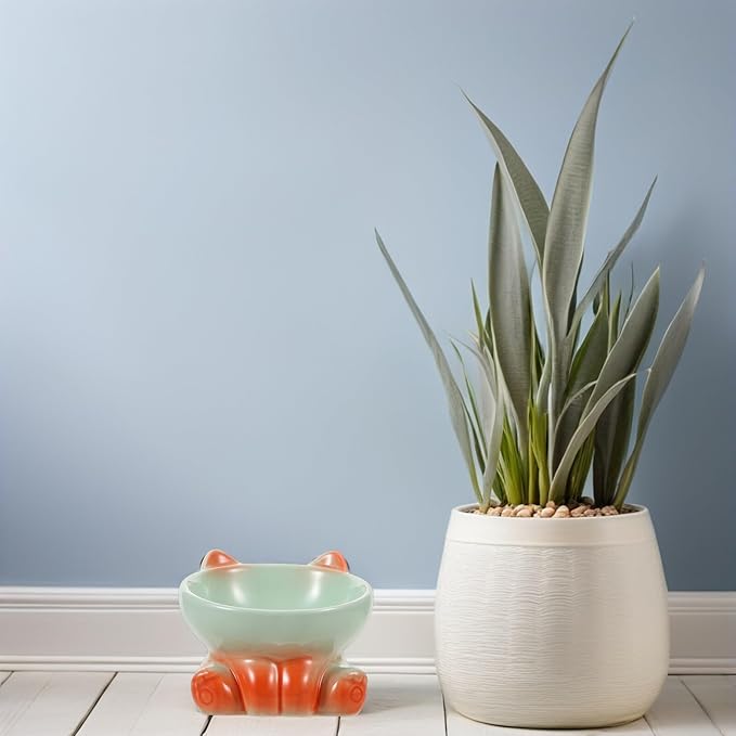 Kisangel Elevated Porcelain Cat Food Bowl with Tilted Design, Raised Ceramic Pet Slow Feeder Dish for Kittens and Small Dogs, Whisker-Friendly Raised Bowl for Feeding and Watering