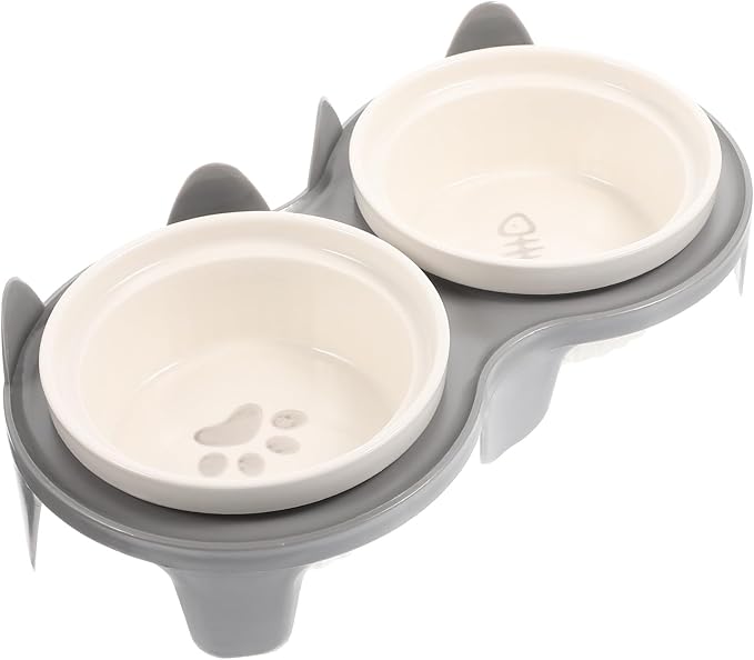 Ceramic Cat Bowl Elevated Double Dish Set with Thick Gray Ceramic and Sturdy Gray Stand, Angled Whisker-Friendly Feeding and Watering Station for Indoor Cats and Kittens