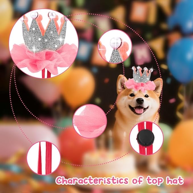 Glitter Pet Birthday Hat for Dog Cat with Pearls, Adjustable Pet Hat for Dog Cat for Birthday Party Decorations for Pet Dogs Cats Bday Hat with Lace Hair Accessories for Pet Dog Cat Puppy Hat