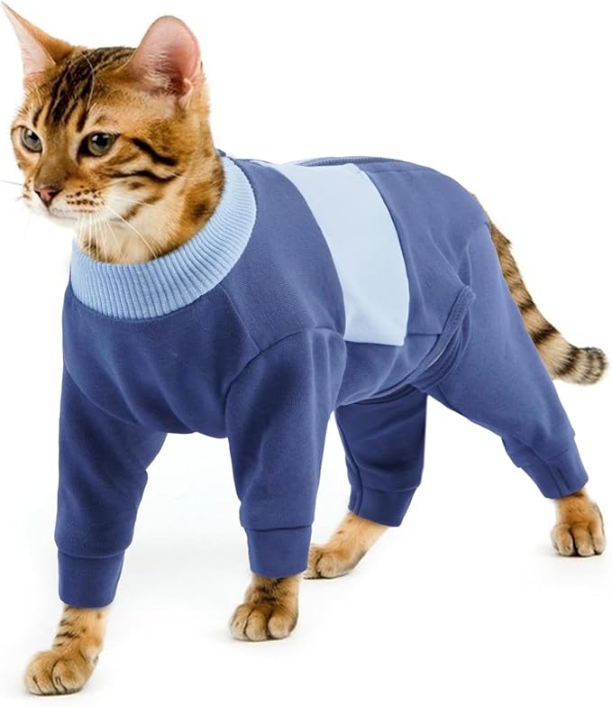 QBLEEV Cat Clothes, Soft Cat Sweaters for Cats Only, Kitten Surgery Recovery Suit Onesie Pajamas, Four Legs Cats Shirts Apparel Clothing for Hair Loss Prevention, Blue, M