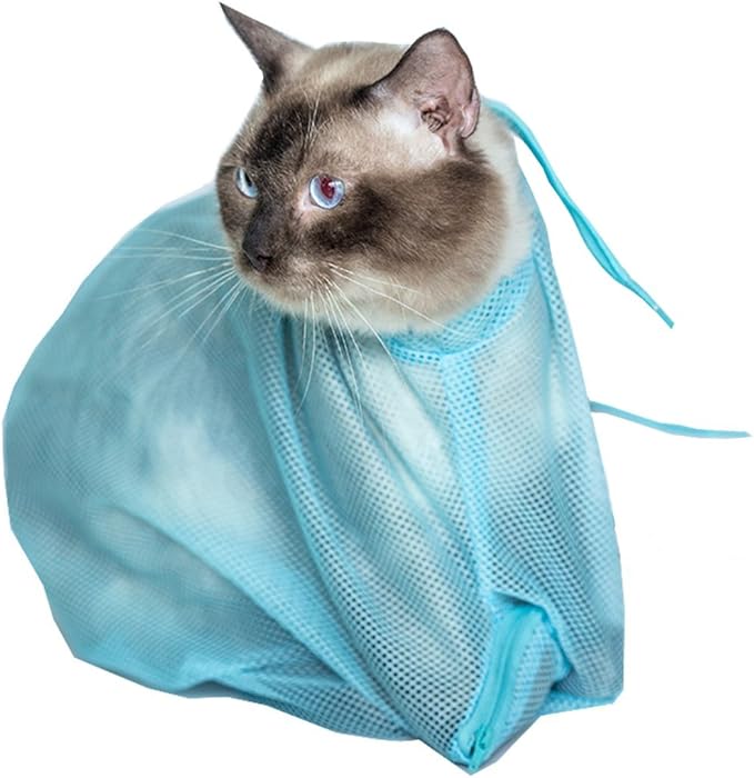 Adjustable Multifunctional Polyester Cat Washing Shower Mesh Bags Pet Nail Trimming Bags (Blue)