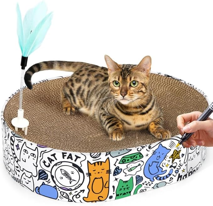 Cat Scratcher Cardboard, 2in1 Oval Cat Scratcher Bed for Indoor Cats Cat, Scratch Pad Bowl with Scratching Toy, Cozy Oval Cat Scratch Bed Furniture for Kittens & Medium Size Cats(White)