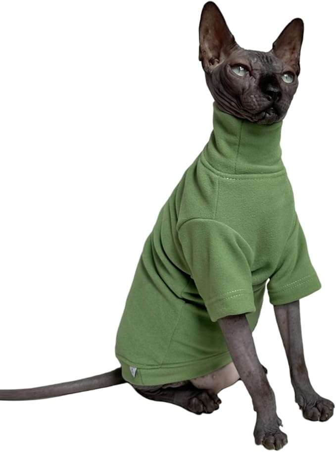 Sphynx Cats Solid Warm Fleece Shirt Cat Turtleneck Undershirt Thermal Hairless Cat Clothes for Sphynx, Devon, Cornish Cat Clothes and Small Kitten and Dogs (Green, Medium)