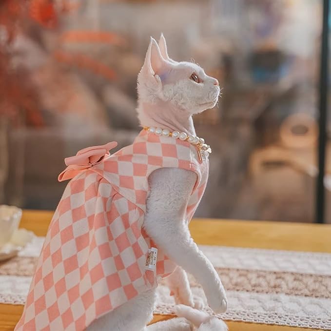 Sphynx Cat Pink Sleeveless Bow Dress with Pearl Necklace Set, Cute & Stylish Pet Apparel for Daily Wear, Cute Dress for Cats and Puppy (XX-Large (9.5-14 lbs))