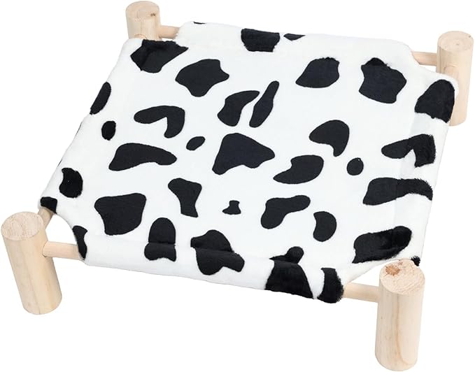 Patas Lague Cat and Dog Hammock Bed for Small Dogs, Brethable Wooden Cat Pet Rabbit Elevated Bed Cots Furniture for All Seasons Fleece Cow Print