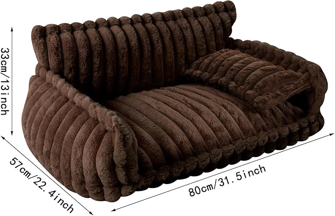 Plush Pet Couch, Soft Cat Bed with Bolster, Comfortable Pet Sofa for Indoor Lounging, Washable Cover, Large Size, Perfect for Medium to Large Breeds (Dark Brown)