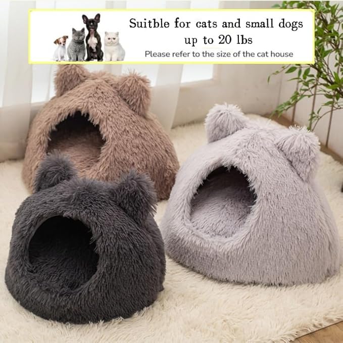 Cute Cat Bed, Plush Cat Cave Bed for Indoor Cats, Self-Warming Cave with Washable Cushion & Anti-Slip Bottom, Cozy Soft Pet Cats House for Kittens Small Dogs (Grey, 18.8 ×18.8 in)