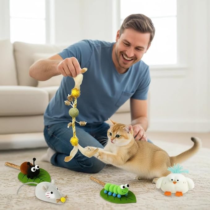 Catnip Toys for Cats, 5 Pcs Interactive Cat Toys Set with Silvervine Sticks, Squeaky Plush Mouse & Chirping Bird, Organic Catnip Dental Chew Toys for Kitten Teething & Boredom Relief