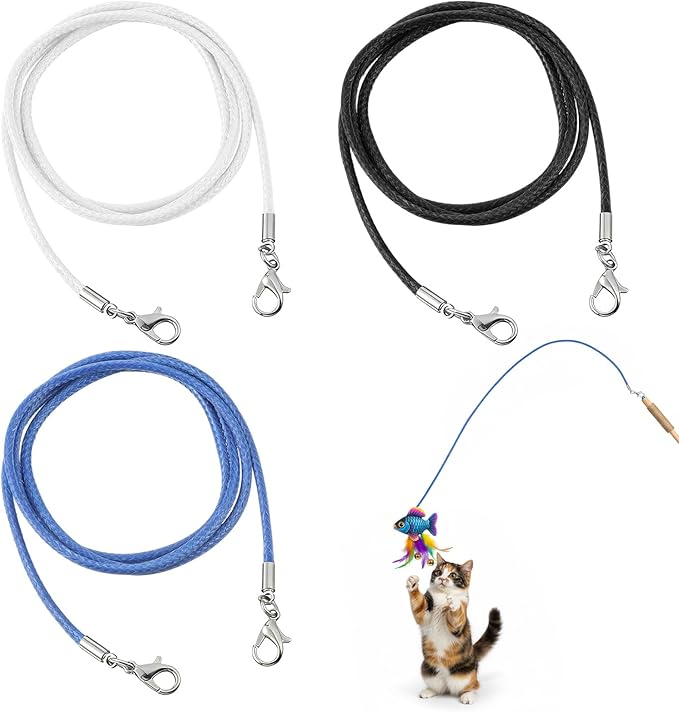 3 Pieces Replacement Strings for Cat Wand Toy, 25 Inch Long String Cat Toy Wire Kitten Wand Toy Refill Wires with Lobster Clasps for All Lures (White, Black, Blue)