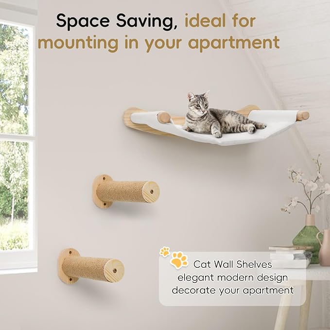 Faux Rabbit Fur Cat Wall Hammock - 2-Step Climbing Shelf, Wall Mounted for Indoor Large Cats