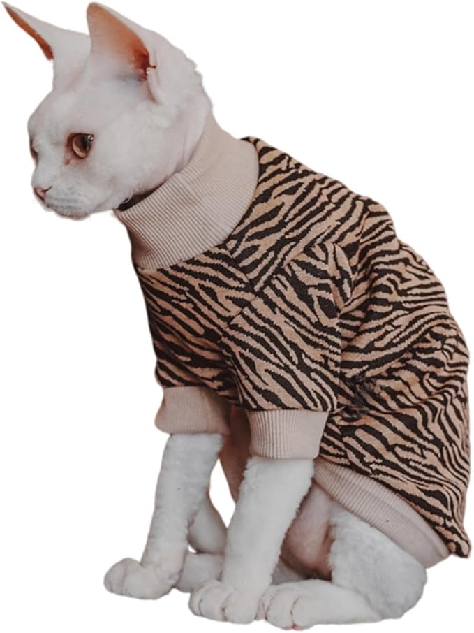 Vintage Mulan Cotton Sphynx Hairless Cats Shirt Cat Turtleneck Pet Clothes Kitten T-Shirts with Sleeves for Sphynx Cornish Rex, Devon Rex, Peterbald (Small, Zebra)