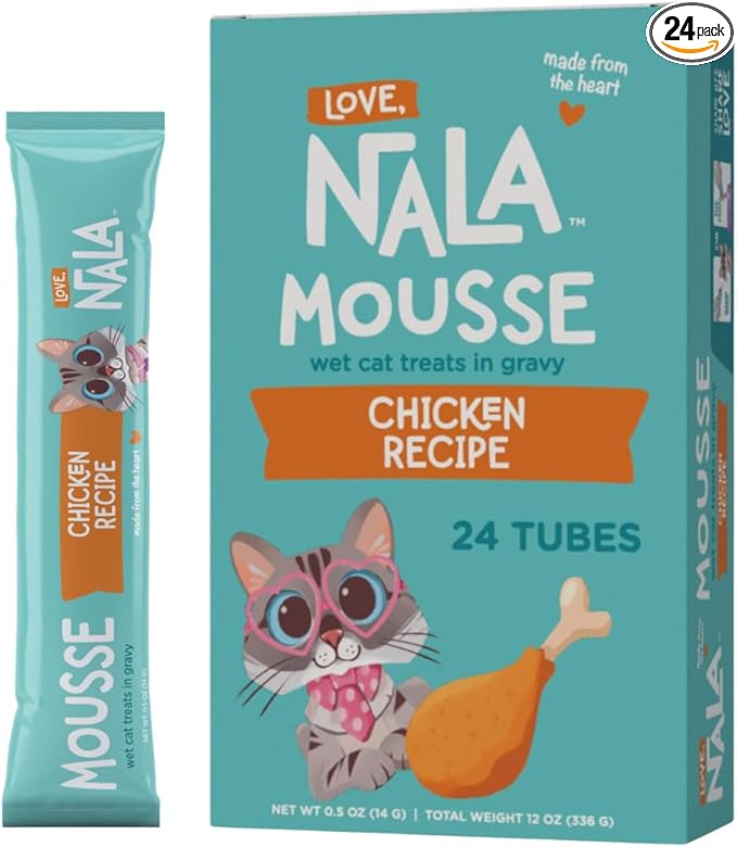 LOVE, NALA Lickable Cat Treats – Grain-Free Squeeze Up Mousse Puree for Cats – Natural, Tasty Wet Cat Treats – Chicken Flavor – 24-Pack
