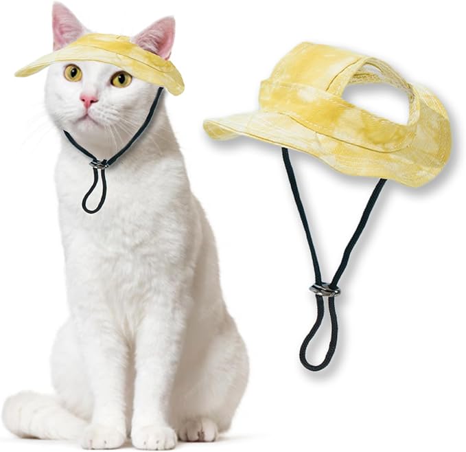 Pet Hat with Ear Holes Sunscreen Cap, Adjustable String Dog Cat Summer Sun Hat,Cat Dog Bucket Hat for Birthday Party Costume Decoration Outdoor Hiking(Yellow, Medium)