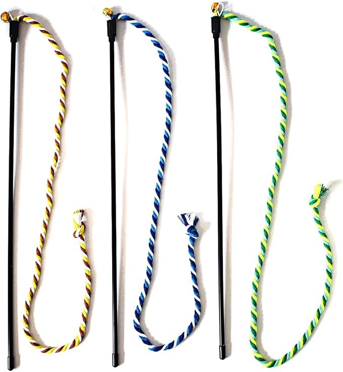 Cat Wand Toys, 3 PCS String Kitten Toys Colorful Hemp Rope Kitten Stick Kitty Teaser Wand Interactive Cat Toys for Indoor Playing