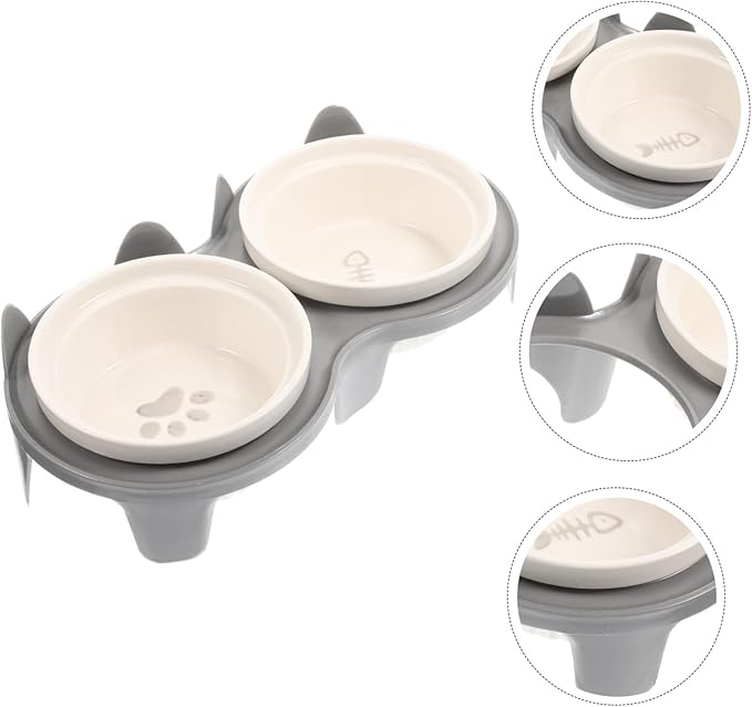 Ceramic Elevated Cat Bowl with Thick Gray Non-Slip Stand Angled Dual Feeding and Watering Bowls for Indoor Pets Smooth Surface Pet Feeding Accessory