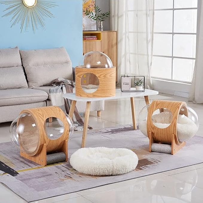 Space Capsule Cat House: Bed with Scratching Post & Removable Cushion - Cats Nest & Kennel Wooden Furniture - Large & Small Cats Indoor