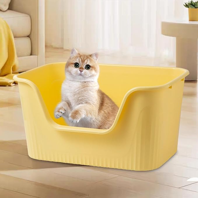 Open Top Pet Litter Box High Sided Anti Splashing Cat Toilet Sandbox with Lowered Front Entry Pet Litter Tray- Yellow S