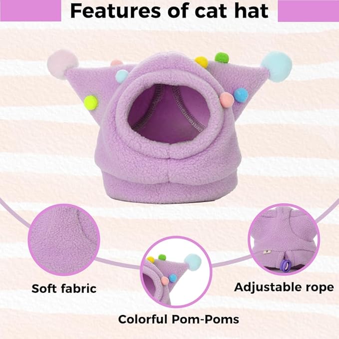 Cat Fleece Funny Hats With Pom-Poms, Warm Adjustable Straps, Halloween Costume Headwear for Cats Birthday (Black, L(Face Circle 10-11''))