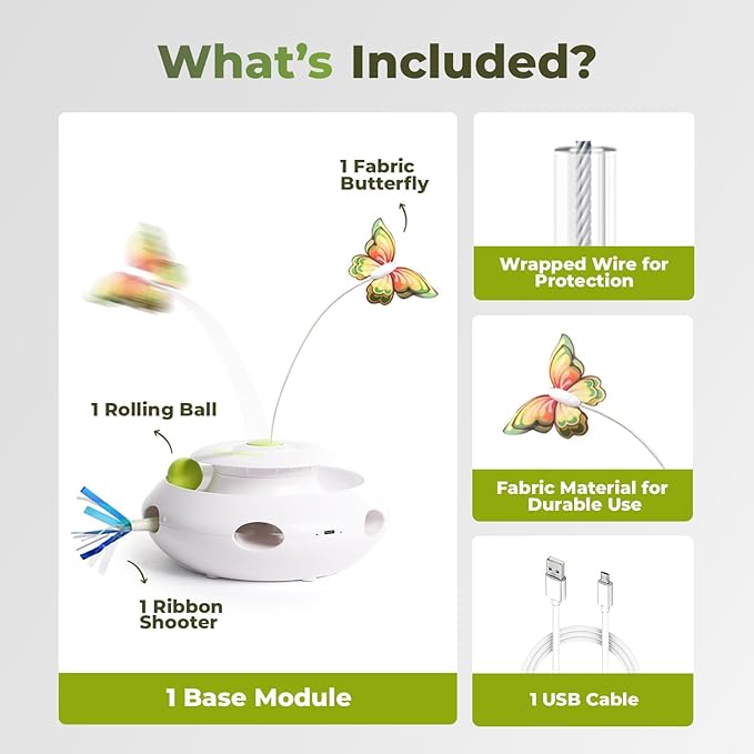 ALL FOR PAWS 3 in 1 Interactive Butterfly Flutter Cat Toy with Rolling Balls, Automatic Kitten Spinner Toys, Popping Feather Toy, Mental Stimulation for Indoor Cats, USB Rechargeable