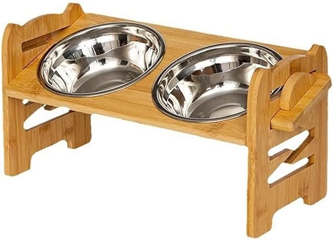 Elevated Cat Bowl Adjustable Bamboo Feeding Rack with 2 Stainless Steel Bowls