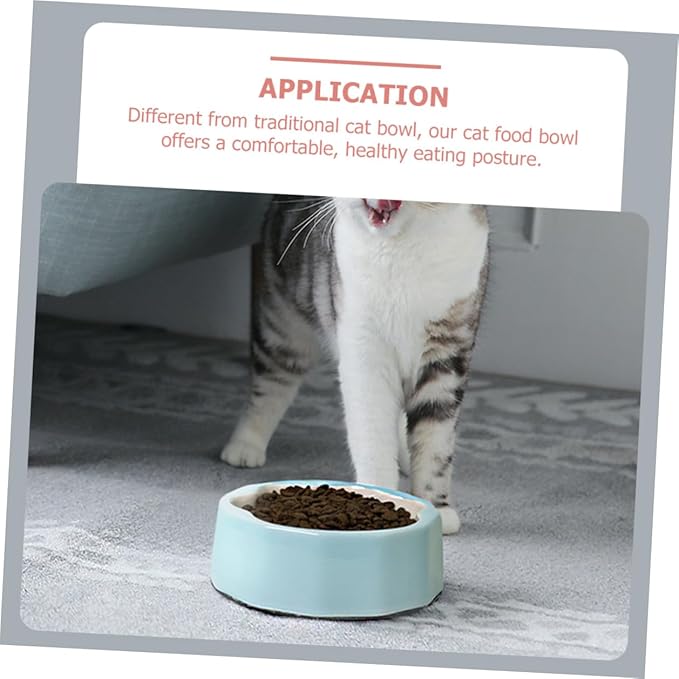 Ceramic Pet Bowl Tilted Cat Dish with Cute Animal Paw Print Small Dog Feeder Bowl Blue for Pets Feeding and Watering
